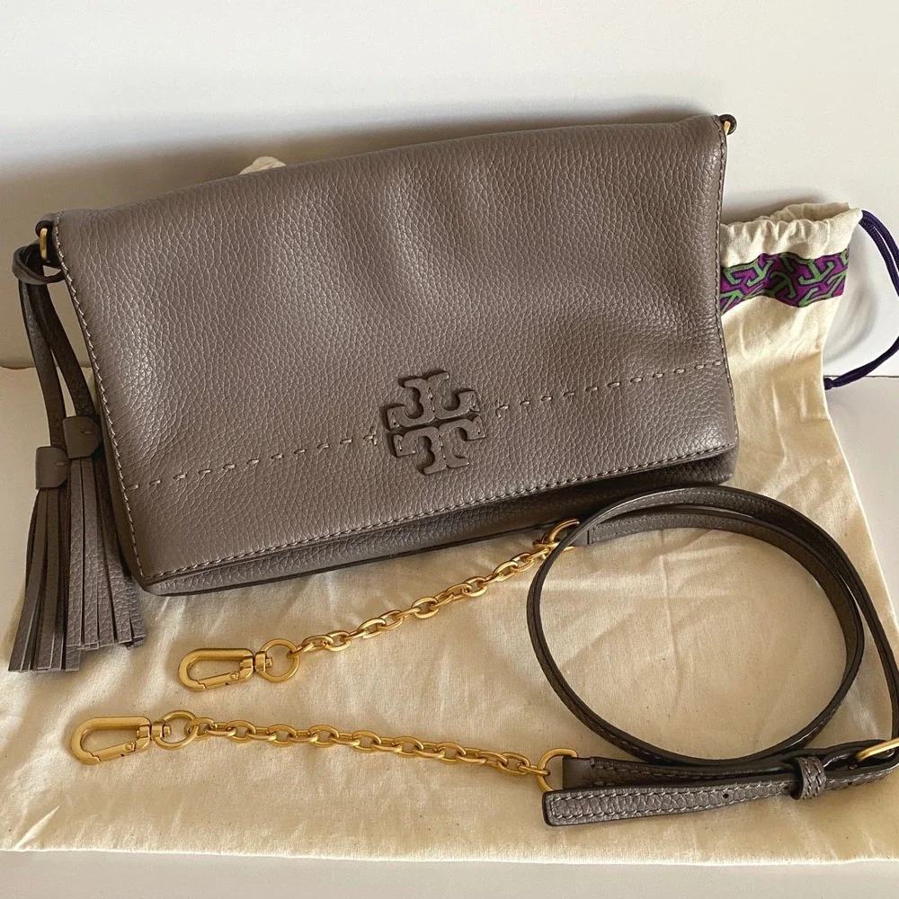Tory Burch McGraw Foldover Leather Crossbody Bag Gray Taupe